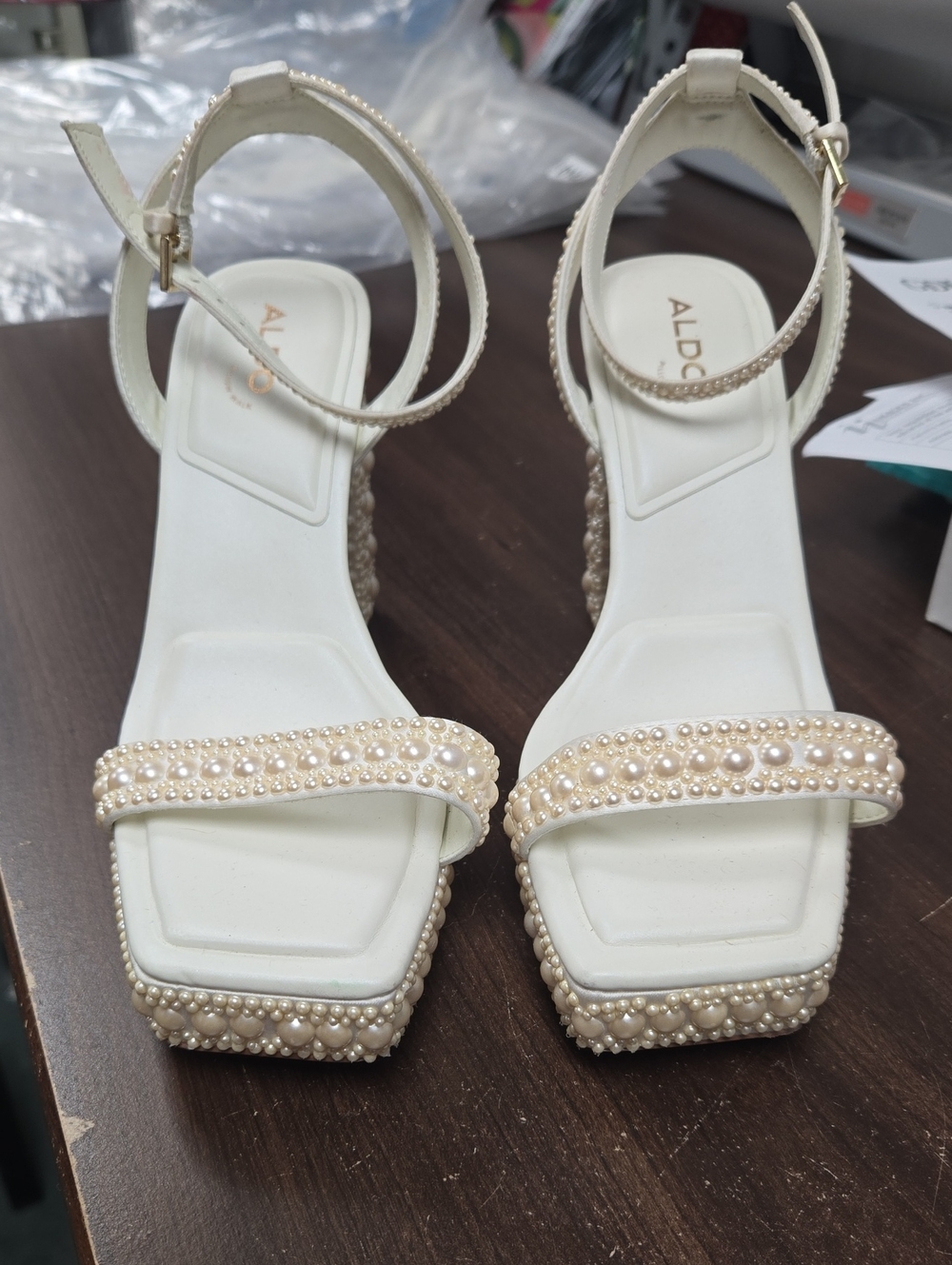 ALDO Size 7.5 Pearl-Embellished White Ankle-Strap Heels